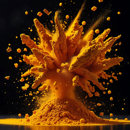 A dynamic explosion of bright yellow turmeric powder erupts from a central heap against a stark black background. Numerous small particles and larger clumps of the spice are suspended in the air, creating a visually striking and energetic abstract composition. The intense color and texture of the turmeric are highlighted.の素材
