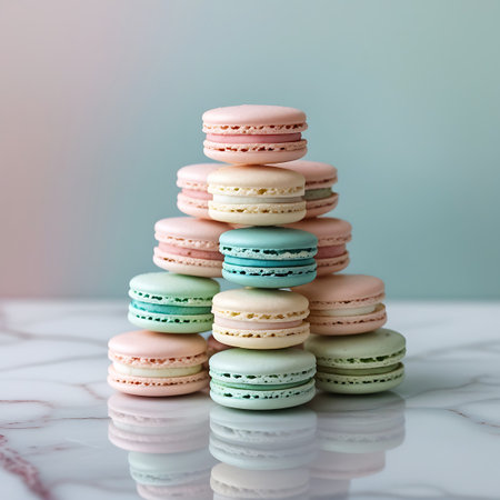 A tiered stack of pastel-colored macarons is arranged on a white marble surface. The macarons are in shades of pink, light blue, and mint green, with visible cream filling. The background is a soft gradient of light blue and white, with a subtle bokeh effect.の素材