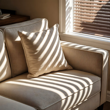 A comfortable, sun-drenched living room with a white sofa and pillows, lit by bright light streaming through blinds.の素材