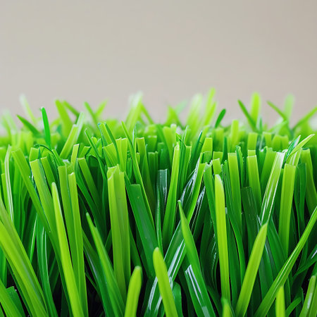 An abstract, close-up view of numerous bright green artificial grass blades. The focus is on the texture and form of the synthetic material, with individual blades appearing sharp and distinct. The shallow depth of field blurs the background, emphasizing the dense, uniform arrangement of the grass, suitable for a textured background.の素材