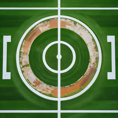 An abstract, high-angle view of a soccer field's central area, showcasing multiple concentric circles and white lines. The green turf is textured, and the white markings are partially worn, revealing patches of brown earth. The composition creates a sense of depth and a striking geometric pattern, highlighting the intricate design of a sports field.の素材