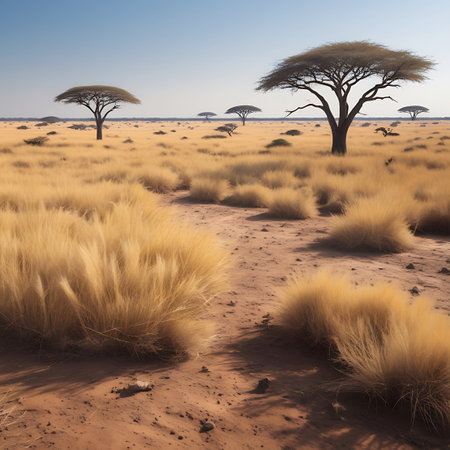 A serene view of the African savannah featuring several acacia trees with their characteristic flat-topped canopies. The foreground is dominated by clumps of dry, golden grass and reddish-brown earth. In the distance, more trees and a hazy horizon are visible under a bright blue sky. A subtle path seems to wind through the grass.の素材