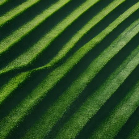 This abstract image features a close-up view of undulating green surfaces creating diagonal ripples. Sunlight casts distinct shadows, forming a striking pattern of light and dark stripes across the textured organic forms. The vibrant green hues range from deep emerald to bright lime, suggesting a natural, flowing landscape or a stylized abstract design.の素材