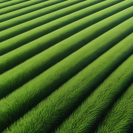 A close-up, diagonal view focuses on the textured surface of a green field, revealing tightly packed, parallel rows of vegetation. The image emphasizes the intricate patterns and repetition created by the cultivated rows, highlighting the organic texture of the plants. The deep green color and the orderly arrangement create a visually appealing and abstract composition, showcasing the details of agricultural growth.の素材