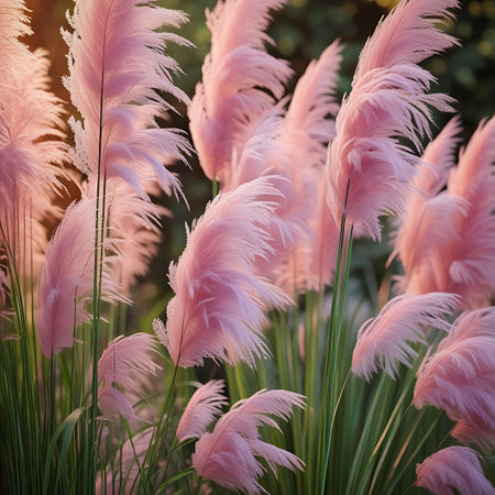 A close-up view of several pink pampas grass plumes, their feathery tops catching the warm, soft light of the golden hour. The delicate, wispy textures of the plumes are highlighted against a blurred background of green foliage and soft bokeh lights, creating a serene and tranquil atmosphere. The long green stalks and leaves of the grass are visible at the bottom, grounding the composition.の素材