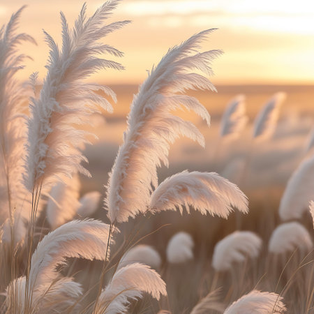 A close-up perspective of pampas grass plumes bathed in the warm, golden light of a sunset. The intricate, feathery details of the white plumes are emphasized, appearing soft and delicate. The background is a soft, diffused blend of sunset colors and a blurred landscape, contributing to the overall peaceful and ethereal ambiance. The light creates a luminous effect on the grass.の素材