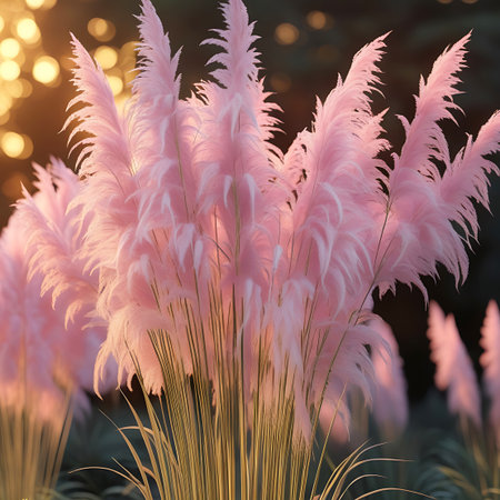 This image offers a detailed close-up of vibrant pink pampas grass plumes, their feathery textures clearly visible. The background is a soft, blurred expanse of golden bokeh lights, suggesting the warm glow of a setting or rising sun. The green stalks and leaves of the grass are in focus at the bottom, providing a natural contrast to the airy plumes and creating a sense of depth and tranquility.の素材
