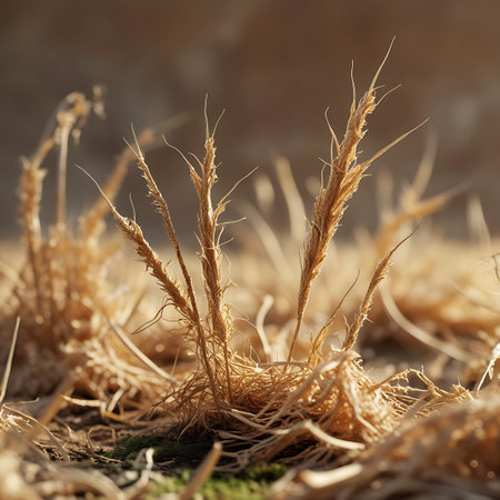 A close-up photograph focusing on a cluster of dry, golden grass seed heads. The fine, delicate stalks are visible, supporting the feathery seed structures. The image is captured with a shallow depth of field, blurring the background and highlighting the intricate details and textures of the grass. The warm, natural lighting adds to the earthy feel of the scene.の素材