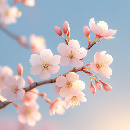 This image offers a close-up view of a branch laden with soft pink cherry blossoms and tightly closed buds. The background is a serene blue sky, with a gentle sunlight casting a warm glow on the delicate petals. The soft focus and bokeh effect emphasize the beauty and fragility of the blossoms, capturing the essence of spring.の素材