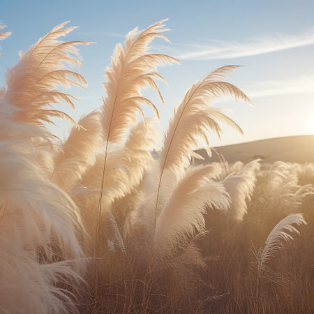 Detailed view of fluffy pampas grass plumes catching the soft, golden light of the setting sun. The feathery texture of the grass is highlighted, creating a sense of warmth and tranquility. The background shows a blurred landscape with rolling hills and a hazy sky, emphasizing the delicate beauty of the grass.の素材