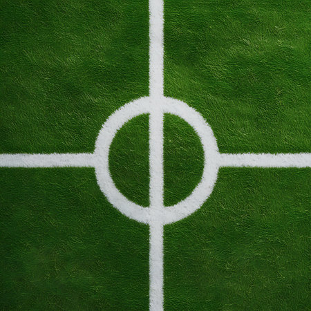 This is a close-up, top-down view of the center of a soccer or football field. The image focuses on the white painted lines that form the center circle and the intersecting center line. The surface is a vibrant green, appearing to be either natural grass or high-quality artificial turf, with visible texture. The white lines are crisp and clearly defined against the green background, creating a geometric pattern. The perspective is directly overhead, emphasizing the markings and the texture...の素材