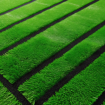 A detailed, close-up view of parallel strips of vibrant green artificial turf laid out on a black base material. The texture of the grass blades is prominent, contrasting with the dark, woven backing. The arrangement of the strips creates a strong linear pattern with a sense of depth and perspective. This image highlights the construction and texture of artificial turf.の素材