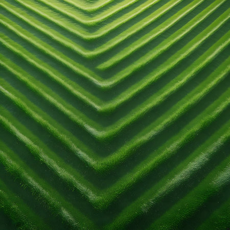 An abstract close-up of a green surface forming a distinct chevron pattern with textured stripes. The stripes are arranged in aV-shape, with varying light and shadow highlighting the ribbed texture of each line. The overall effect is a clean, geometric, and visually engaging abstract pattern.の素材