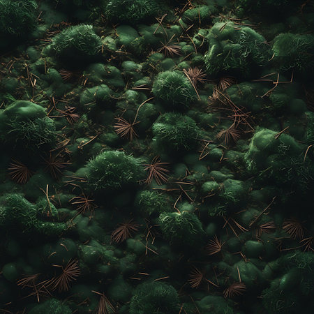 A detailed, top-down view of a forest floor covered in lush, vibrant green moss. Scattered amongst the soft moss are numerous brown pine needles, creating a natural and organic texture. The close-up perspective highlights the intricate details of the woodland ground, showcasing the rich, earthy tones and varied textures.の素材