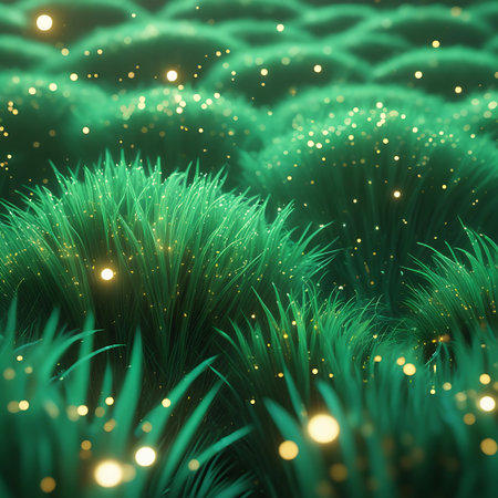 A dense field of vibrant green grass with sharp, pointed blades. The scene is filled with scattered golden bokeh lights that create a sparkling and magical effect. The ground appears wet and reflective. The soft focus and bokeh lights contribute to an ethereal and dreamlike atmosphere, highlighting the natural beauty of the grass.の素材
