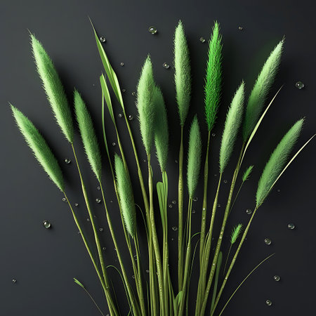 This image presents a collection of feathery green grass plumes, each featuring delicate water droplets. The plants are arranged against a dark, neutral background, highlighting their vibrant green color and intricate textures. The focus is on the fine details of the grass stalks and their soft, plume-like seed heads.の素材