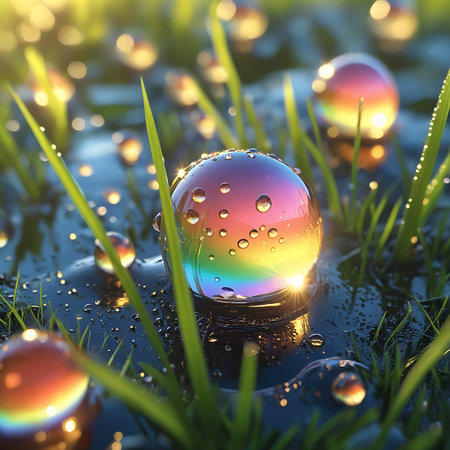 A close-up image of a clear crystal ball resting on wet ground, surrounded by green grass and dew drops. The sphere refracts sunlight to display a vibrant rainbow spectrum, with smaller water droplets clinging to its surface. The scene is detailed and atmospheric, showcasing natural light and color.の素材