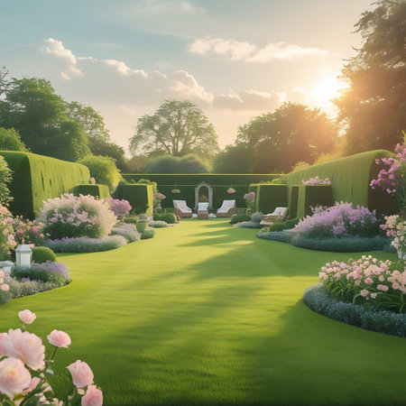 An elegant garden courtyard featuring a perfectly manicured lawn and lush green hedges. Sunlight streams across the scene, illuminating the vibrant grass and casting soft shadows. Pink and white flowers add pops of color to the borders, and comfortable lounge chairs are arranged for relaxation. Architectural elements like a central fireplace and urns add to the sophisticated ambiance.の素材