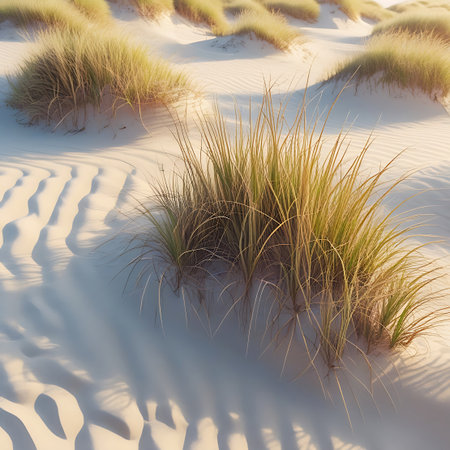 A close-up view of a sandy dune landscape. Smooth, rippled sand is illuminated by soft, warm sunlight, creating distinct shadows and highlighting the contours. Clumps of green and golden grass grow sparsely from the sand, adding texture and color. The overall impression is one of a tranquil, sun-drenched coastal environment.の素材