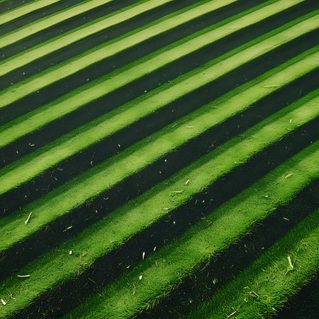 An abstract, high-angle view of a grass field with distinct diagonal stripes created by alternating patterns of mowed and unmowed grass. The dark green stripes are interspersed with lighter green stripes, and shadows cast by an unseen light source create a strong contrast. Small pieces of dried grass are scattered across the surface.の素材