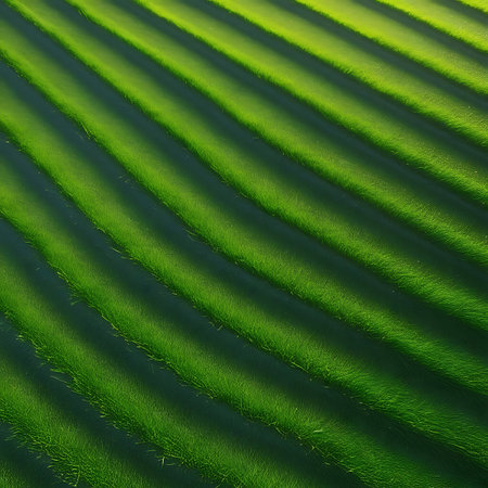 An abstract close-up of a green surface featuring diagonal stripes. The stripes are textured, appearing somewhat like short grass or a ribbed material, with varying degrees of light and shadow creating a sense of depth and dimension. The pattern is angled, offering a dynamic visual composition.の素材