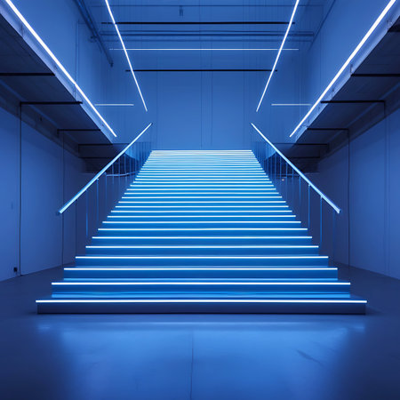 A long, modern staircase is intensely illuminated by bright blue neon lights that run along each step. The lights create a powerful glow, making the stairs appear almost infinite. The perspective emphasizes the repeating pattern of the steps and the sleek, minimalist design of the architecture. The overall effect is dramatic and technologically advanced.の素材