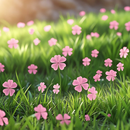 A close-up view of a meadow filled with small, delicate pink clover flowers scattered amongst lush green grass. Soft sunlight filters through the scene, creating a gentle bokeh effect and casting warm sunbeams. The focus is on the foreground flowers, with a shallow depth of field blurring the background, evoking a sense of peace and natural beauty.の素材
