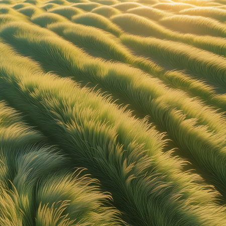 A close-up, high-angle view of undulating green grass dunes bathed in the warm, golden light of dawn or dusk. The sunlight highlights the individual blades of grass, creating a soft, textured pattern of light and shadow that flows across the landscape. The gentle curves of the dunes suggest a natural, wind-swept environment.の素材
