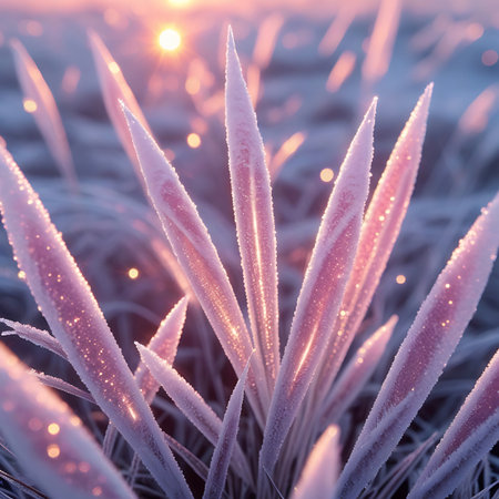 Detailed macro shot of frost-covered grass blades bathed in the warm light of a sunrise. The sun's rays create a bright flare and scattered bokeh lights, emphasizing the pinkish hue of the ice crystals on the vegetation. The background is a soft blur of frosted elements.の素材