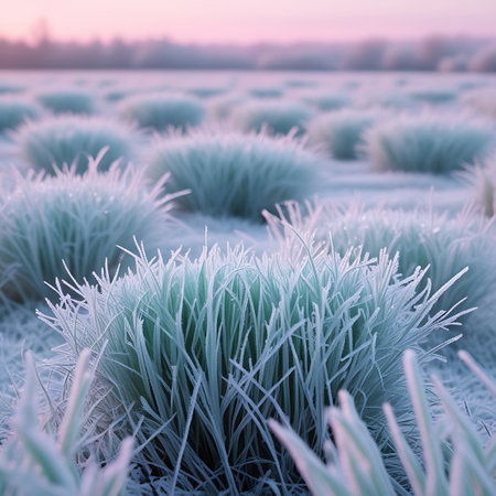 A field of frost-covered grass mounds is captured at sunrise. The low sun creates a soft pink hue in the sky, reflecting on the icy crystals coating the vegetation. The foreground features a cluster of frosted grass blades, with more mounds receding into the softly blurred background.の素材