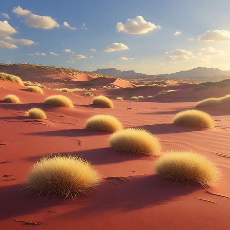 A vast desert landscape bathed in the warm light of either dawn or dusk. Rolling sand dunes, colored a rich reddish-orange, stretch towards the horizon. Sparse, golden tufts of dry grass dot the sandy terrain, casting long shadows. The sky above is a clear blue, punctuated by scattered, fluffy white clouds. Distant mountains are visible on the horizon, softened by atmospheric haze.の素材