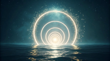 A luminous, glowing portal composed of concentric circles and sparkling light emanates from the surface of dark, rippling water. The background is a deep blue, star-filled expanse with hints of cosmic clouds. The light from the portal creates reflections on the water's surface.の素材