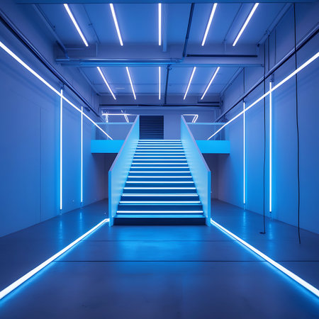 A contemporary staircase with sleek railings is bathed in the vibrant glow of blue neon lights. The lights line the steps and extend along the walls and ceiling of the hallway, creating a futuristic and immersive atmosphere. The perspective leads the viewer towards the stairs, emphasizing the architectural design and the interplay of light and shadow.の素材