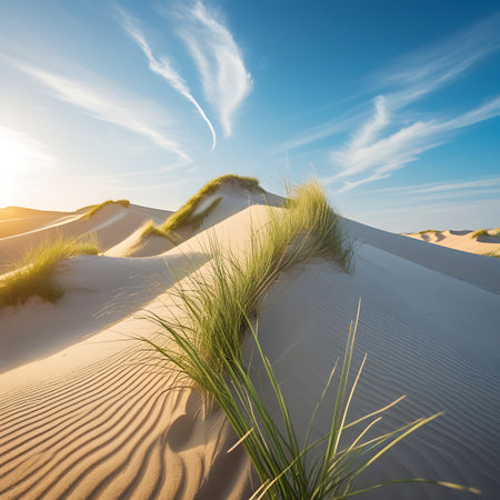 A sun-drenched landscape of rolling golden sand dunes. Intricate ripple patterns are visible on the sandy surfaces, created by the wind. Clumps of vibrant green grass grow on the crests of the dunes, adding a touch of life. The sky is a clear, bright blue with a few wispy white clouds, and the sun casts long shadows.の素材