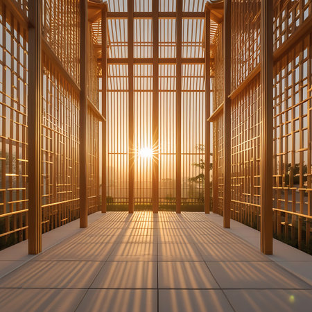 A striking architectural design featuring a wooden lattice structure bathed in the warm, golden light of sunrise or sunset. Sunlight streams through the slatted wooden panels, creating a beautiful play of light and shadow on the paved ground. The structure frames a distant view of rolling hills and trees, suggesting a harmonious integration with nature.の素材