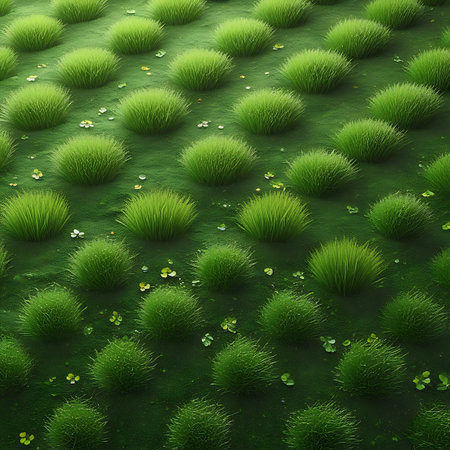 This image presents a close-up, high-angle view of a field filled with rounded clumps of vivid green grass. The ground is a rich green, interspersed with tiny, scattered yellow and white flower petals or small blossoms. The arrangement of the grass tufts forms a distinct pattern, with subtle variations in the ground texture adding depth and detail to the natural scene.の素材
