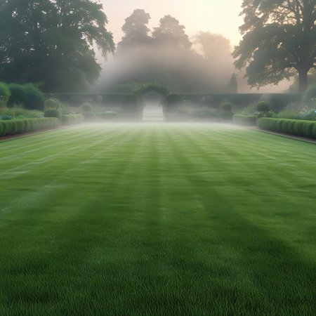 A wide, perfectly striped green lawn dominates the foreground, leading towards a grand entrance in the distance. A soft, atmospheric mist envelops the middle ground, obscuring the details of the formal garden beyond. Neatly trimmed hedges and rounded topiary line the sides of the lawn. In the background, an ornate archway suggests a hidden passage or a significant feature within the estate, with silhouetted trees framing the scene.の素材