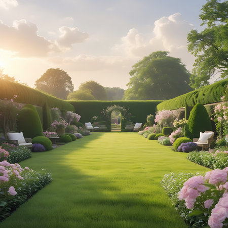 A grand formal garden with perfectly sculpted hedges and a lush, sunlit lawn. Abundant pink and white flowers line the pathways, creating a vibrant display. Multiple seating areas with chairs and cushions offer places for repose. An arched gateway at the end of the central path hints at further garden beauty. The scene is illuminated by warm sunlight under a sky with scattered clouds.の素材