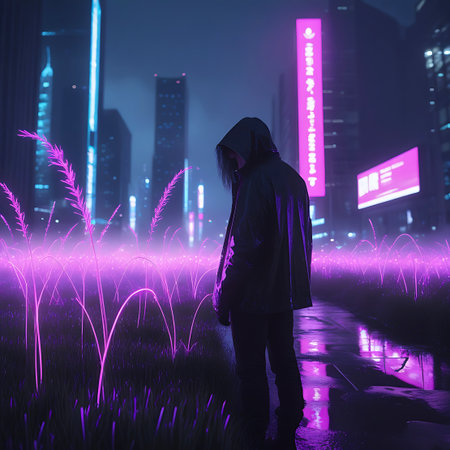 A solitary figure wearing a hood stands in a field of grass that emits a vibrant neon pink glow. The background features a futuristic city skyline with tall, illuminated skyscrapers under a dark, atmospheric night sky. The wet ground reflects the neon light. The overall scene evokes a sense of mystery and a cyberpunk aesthetic.の素材