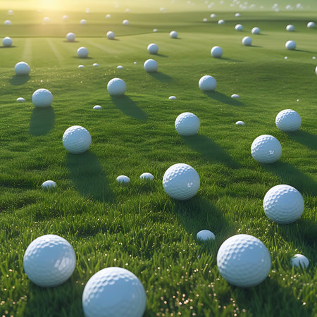 Numerous white golf balls are spread across a vibrant green golf driving range. The grass is neatly manicured, and the balls are positioned at various distances, some in sharp focus in the foreground and others receding into the background. Golden sunlight casts long shadows and highlights the texture of the grass and the dimpled surface of the balls.の素材