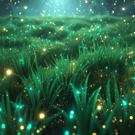 This image depicts a lush green meadow filled with blades of grass. Scattered amongst the grass are numerous small, glowing orbs in shades of turquoise and gold, creating a mystical and enchanting ambiance. The background is softly blurred, drawing attention to the detailed grass and the shimmering lights.の素材