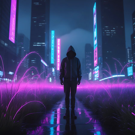 A solitary figure wearing a dark hooded jacket stands in the center of a wet path, facing away from the viewer. The path is flanked by tall, wispy grass illuminated with vibrant neon purple light. In the background, towering skyscrapers of a futuristic city are visible, adorned with glowing neon signs in shades of purple and blue. The scene is dark and atmospheric, with reflections of the lights shimmering on the wet ground.の素材