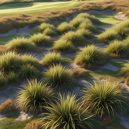 A detailed view of a golf course, showcasing numerous sand bunkers filled with feathery golden grass. The smooth, vibrant green fairways are interspersed among these natural features, creating a visually appealing and dynamic landscape. The warm sunlight highlights the textures and contours of the terrain, suggesting a peaceful and inviting atmosphere for the sport.の素材