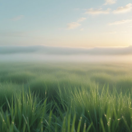 Close-up view of vibrant green grass blades covered in sparkling dew drops. Soft, ethereal fog blankets the middle ground, creating a serene and tranquil atmosphere. The background shows a hazy horizon with soft, warm light, suggesting early morning. The shallow depth of field blurs the background, emphasizing the intricate details of the wet grass in the foreground.の素材