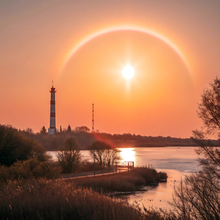 A lighthouse stands tall against a warm orange sunset sky, with a distinct sun halo visible. The calm water reflects the light, and tall reeds line the shore. The scene is peaceful and serene, capturing the beauty of a coastal evening.の素材