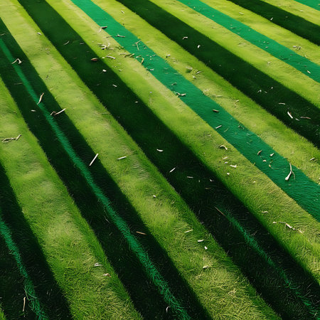 This image presents an aerial perspective of a grass field with prominent diagonal stripes. The stripes are formed by alternating shades of green, with darker areas likely representing shadows or denser grass. Scattered pieces of dried grass and debris are visible across the surface, adding a touch of natural imperfection.の素材