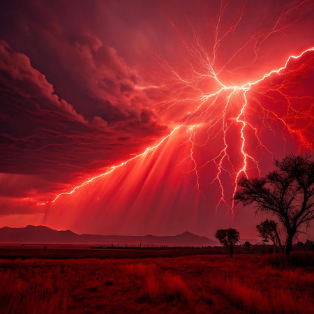 A powerful lightning bolt streaks across a dramatic red sky filled with dark, ominous clouds. Rays of red light emanate from the strike, illuminating the arid landscape below. Silhouetted mountains and sparse trees are visible on the horizon, with dry grass covering the foreground. The scene conveys a sense of intense natural power and a stormy atmosphere at dusk.の素材