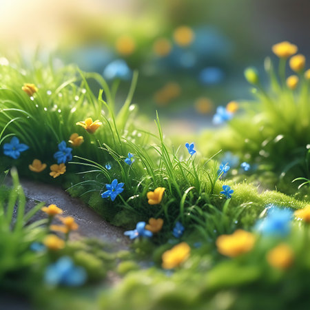 An enchanting miniature meadow scene featuring an abundance of lush green grass dotted with small blue and yellow wildflowers. Soft sunlight filters through, creating a dreamy bokeh effect in the background. The foreground shows a textured dirt path winding through the vibrant flora. The image captures the delicate beauty of nature in a close-up, macro perspective.の素材