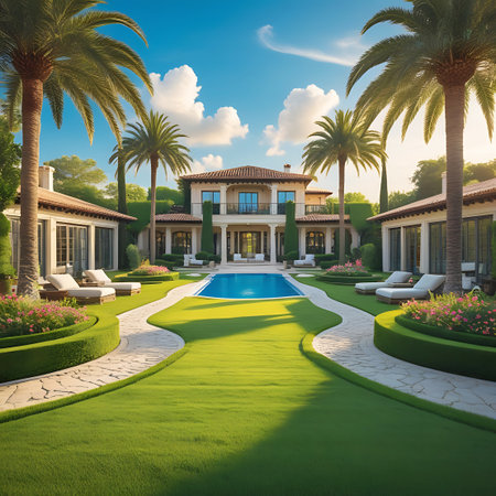 This image depicts a grand Mediterranean villa with a central swimming pool, framed by symmetrical gardens and tall palm trees. The meticulously kept green lawn is bordered by curved hedges and colorful flower beds. White chaise lounges are placed strategically around the pool and in the garden areas, suggesting a luxurious outdoor living space. The villa's architecture is classic, with a central facade featuring balconies and large windows. The bright blue sky with scattered white clouds...の素材