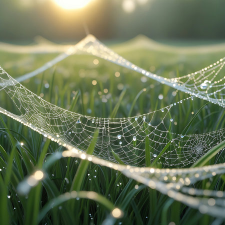 Multiple spiderwebs, covered in tiny, sparkling dewdrops, are showcased in the soft glow of early morning sunlight. The webs are suspended over vibrant green grass, with the light creating a beautiful bokeh effect in the background. The image highlights the intricate patterns of the webs and the delicate beauty of nature's details.の素材